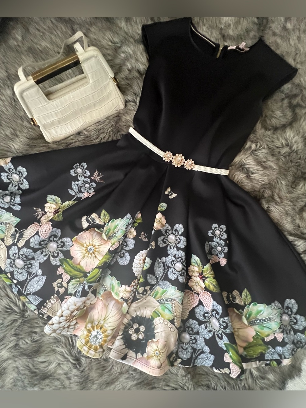 Ted Baker Black Floral Midi Dress size 3
